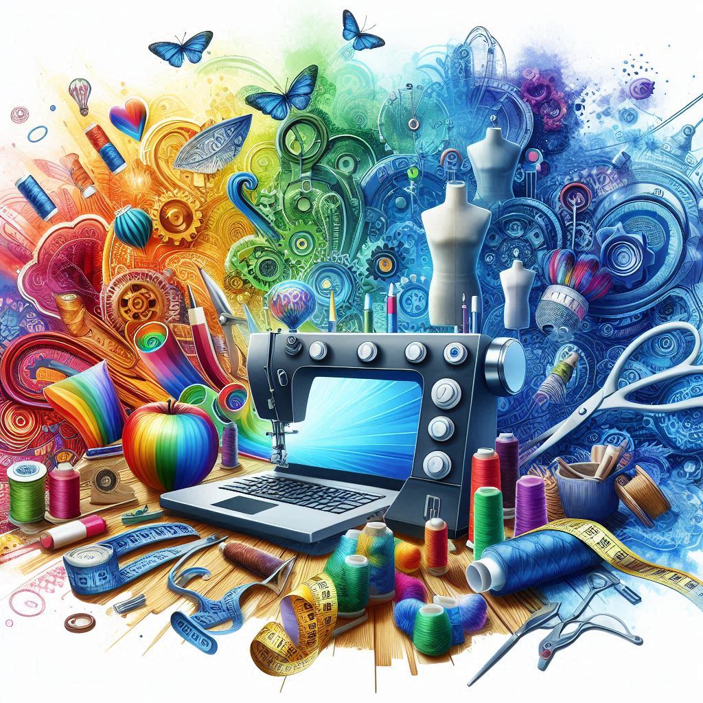 a vibrant commercial-style background picture featuring sewing, printing, and dye sublimation processes