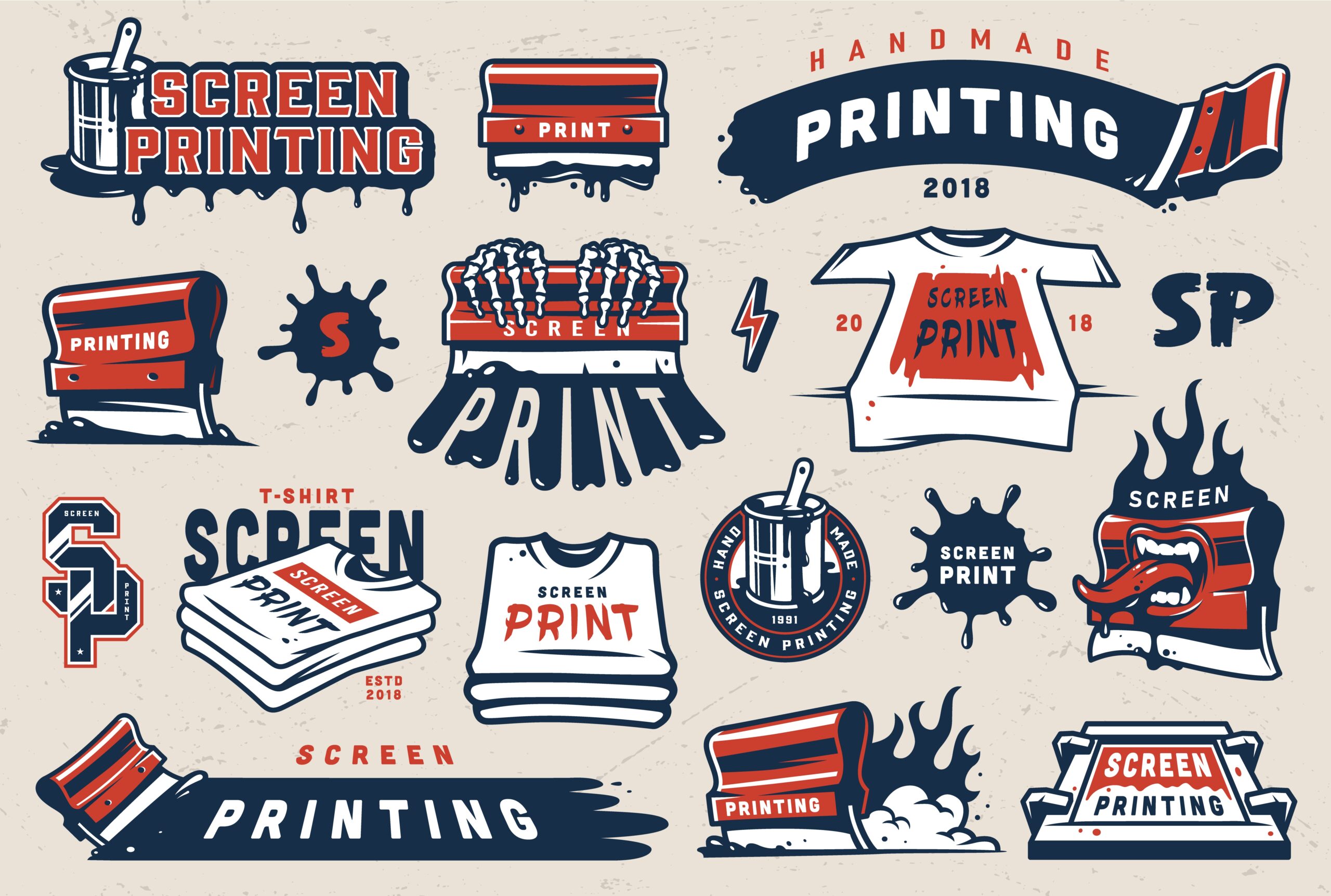 Vintage colorful screen printing elements set with squeegees silkscreen serigraphy logos shirts paint blots isolated vector illustration