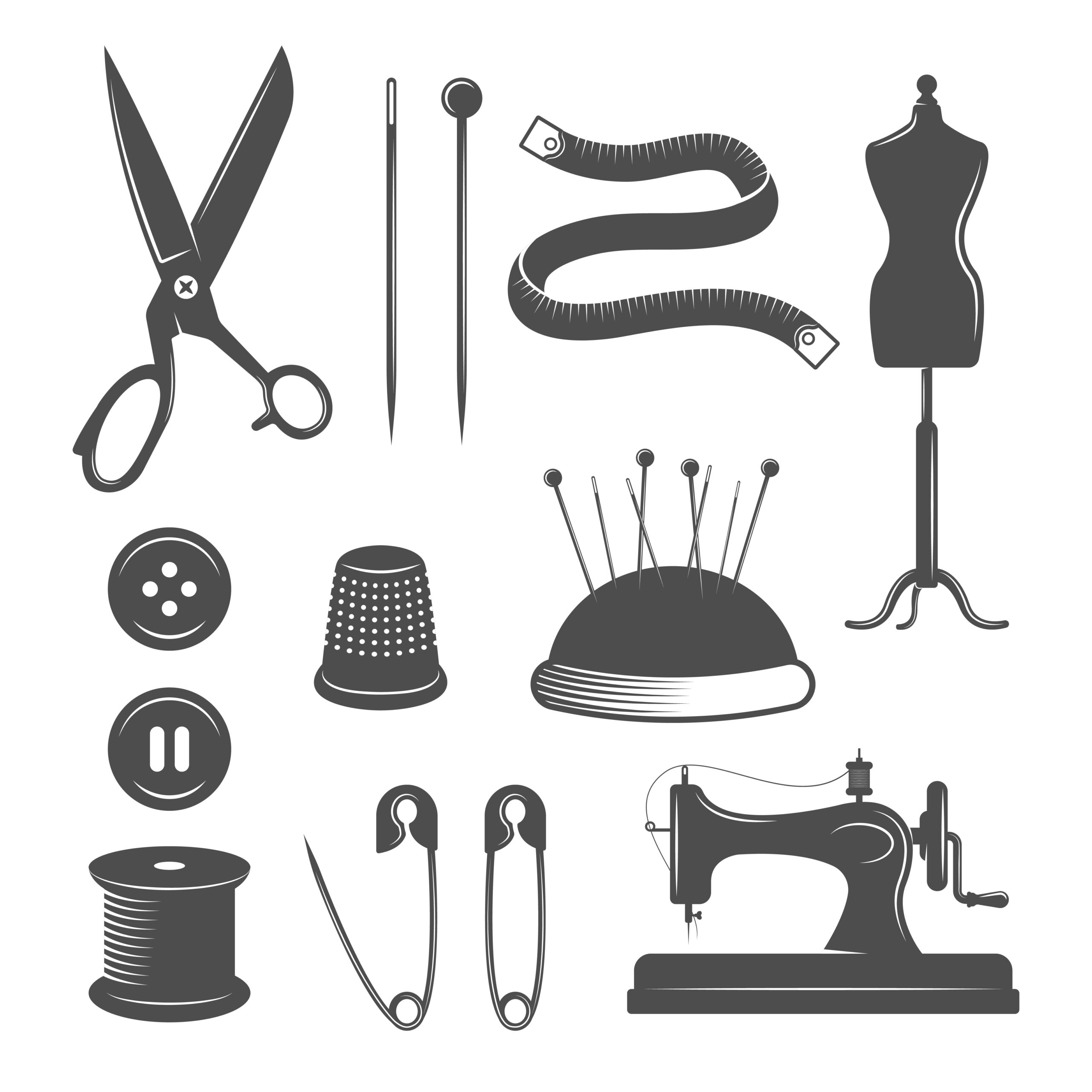 Black isolated tailor icon set with set tools for sewing on white background vector illustration
